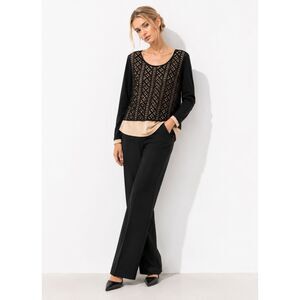 Cover Stitch Black Beige Lace Overlay Blouse Boho Chic Long Sleeve Top M